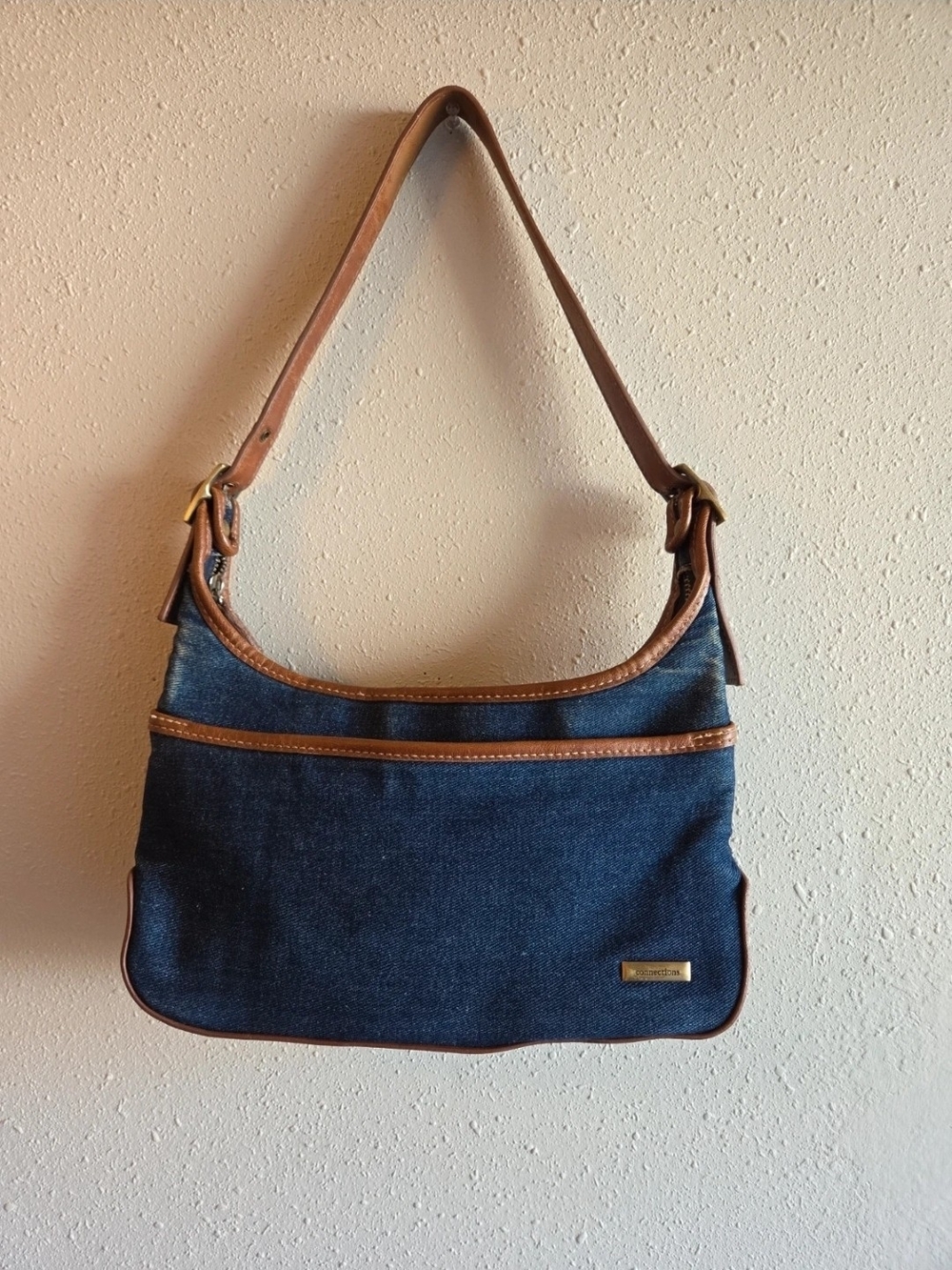 Y2k Connections Denim Shoulder Bag with Brown Trim